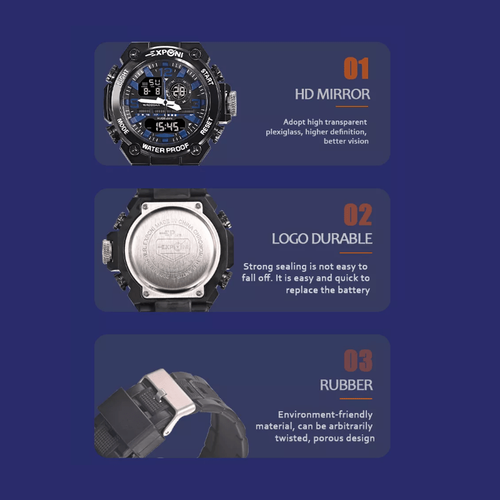Αθλητικό Ρολόι με Αναλογικό και Ψηφιακό Μηχανισμό, Χρονόμετρο, Ξυπνητήρι και Ημερομηνία- Μαύρο με Μπλε Λεπτομέρειες (Ρολόγια)